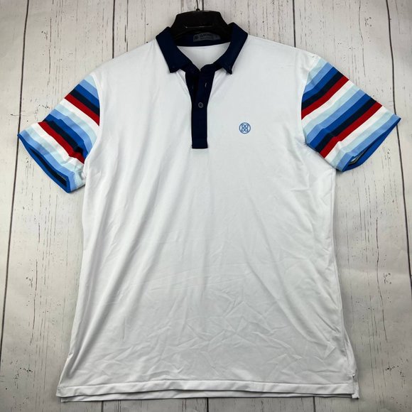 G/FORE Golf Logo White Large Polo Shirt Striped Short Sleeve‎ Men